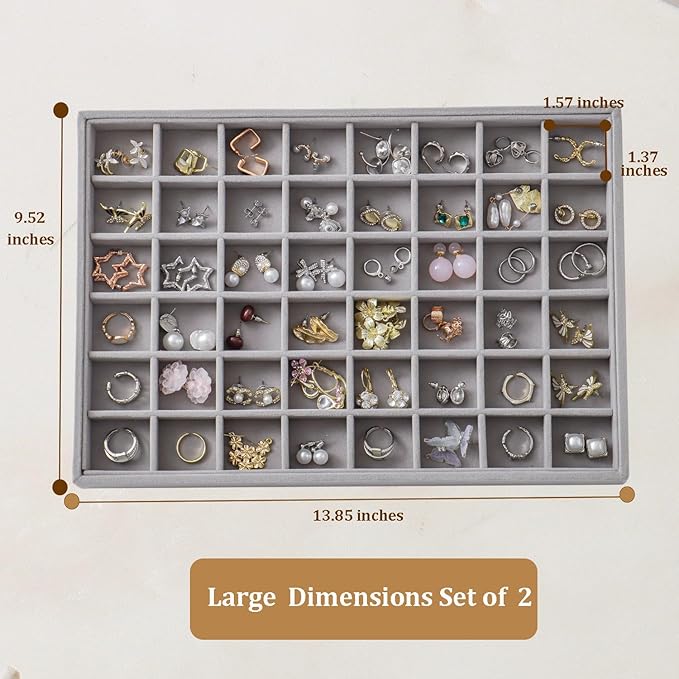KATISYIO Large Velvet Jewelry Tray 2 Pack Stackable Jewelry Display Drawer Inserts Trays Organizer for Earring Bracelet Necklace Ring (Gray, 48 Grids)