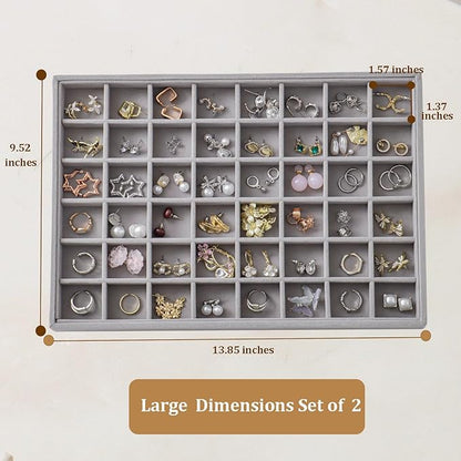 KATISYIO Large Velvet Jewelry Tray 2 Pack Stackable Jewelry Display Drawer Inserts Trays Organizer for Earring Bracelet Necklace Ring (Gray, 48 Grids)