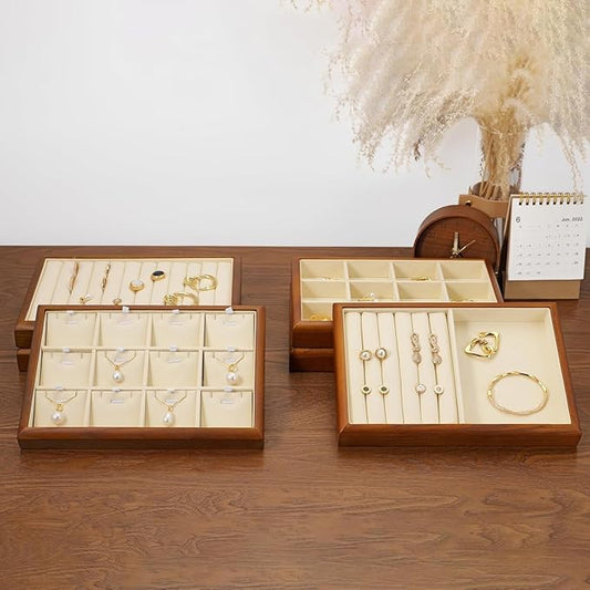 Solid Wood 12 Grids Jewelry Tray Stackable Jewelry Drawer Organizer Showcase Display Organizer Tray for Rings Earrings(Beige)