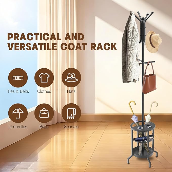 Coat Rack with Umbrella Holder, Coat Rack Freestanding, Metal Coat Tree with 12 Hooks, Modern Coat Hanger Stand for Entryway Living Room Bedroom Office