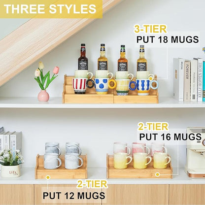 3-Tier Expandable Bamboo Mug Holder For Countertop Coffee Cup Holder Display Mug Organizer Mug Rack for Coffee Bar Organizer Mug Shelf for Cabinet for Kitchen, Home