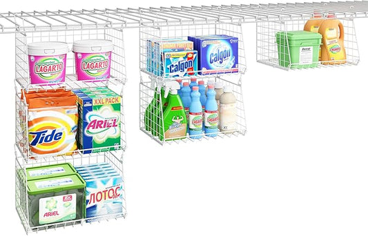 3-Tier Hanging Laundry Basket Organizer：Foldable Wire Shelf Laundry Room Organizer with 360°Rotating Hooks Small Space Solutions Closet Hanging Organizer - Laundry Organization, White Patent