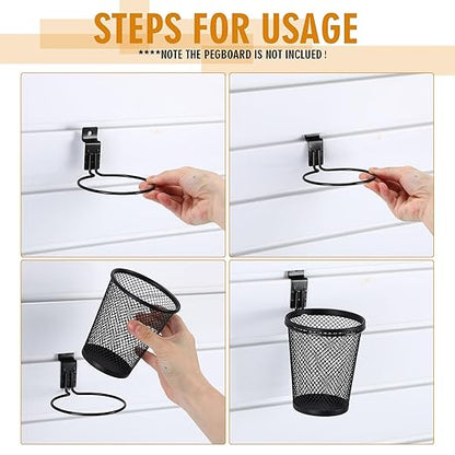 6 Set Slatwall Cups with Hook Loops, Mesh Steel Slatwall Tool Holder Bin Cups Pencil Holder Metal Slat Wall Organizer Accesories for Craft Garage Workshop Office Storage(Medium,Black)
