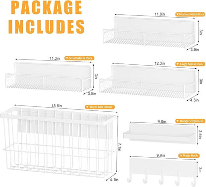 6 Pack Magnetic Shelves for Washing Machine, Magnetic Spice Rack Organizer for Refrigerator, Magnetic Shelf with Hanger Organizer, Metal Magnetic Basket, Laundry Organization and Storage, White