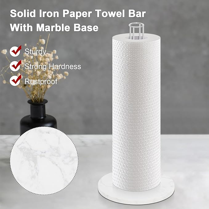 NearMoon Paper Towel Holder Countertop, Sturdy Metal Paper Towel Stand Dispenser with Marble Base, Standard or Jumbo-Sized for Kitchen Counter, Farmhouse, Living Room, Chrome Finish
