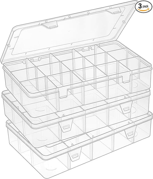 SGHUO 3 Pack 15 Grids Large Plastic Storage Organizer Box,15 Compartments with Dividers for Tackle Box, Beads, Washi Tape, Ribbon, Crafts, Art Supply 10.9X6.5X2.2inch
