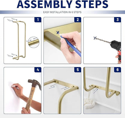 BWE Brushed Gold Towel Racks for Bathroom, Stainless Steel Towel Holder for Rolled Towels, Wall Mounted Bathroom Towel Storage Holds Up 6 Large Bath Sheets, with 2 Hooks