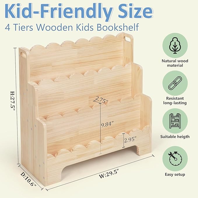 Kids Bookshelf Wooden 3-Tier, Scalloped Book Shelf for Kids Rooms, Front Facing Toddler Montessori Bookshelf, Baby Nursery Book Shelves Kid Classroom Book Shelf Bookcase