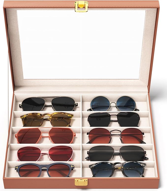 sensok Sunglasses Organizer Storage Box - 10 Slots Eyeglass Display Case for Multiple Pair Glasses, Sunglass Holder with Clear Glass Lid, Jewelry and Watch Collection Box for Women and Men, Brown