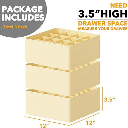 SpaceAid Sock Drawer Organizer Divider 3 Pack, 64 Cell Dresser Closet Nursery Underwear Organizers Storage Bins for Organizing Socks Underwear Ties Belts (Beige)