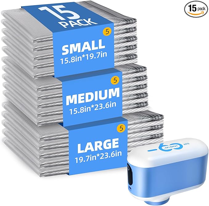 AFAITH Travel Vacuum Storage Bags with Rechargeable Smart Display USB Pump, 15 Pack Size Compression Packing Bags, Space Saver for Clothes & Travel Accessories Includes Clips & Travel Lock Mode