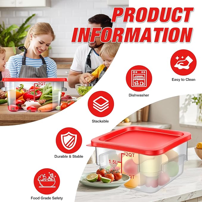 WELKOR Airtight Square Food Storage Containers with Lids 4-Pack, Lock-Tight Seal for Flour, Sugar, Cereal, Keep Food Fresh, BPA-Free Stackable Kitchen Canisters with Measurements (Red, 2QT-4PACK)