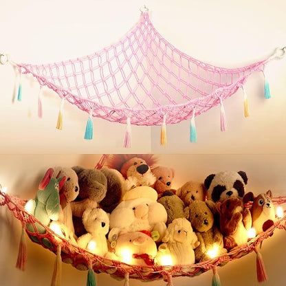 Stuffed Animal Net or Hammock with Light,Yewiwin Macrame Hanging Net Hammock for Stuffed Animal Toy Storage Organizer Boho Decor Room Holder for Nursery Play Room Bedroom (Pink)