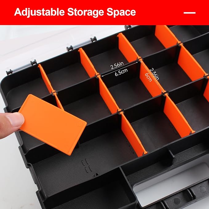 Plastic Tool Box,Double Side Tool Organizer Small Parts Tool Box Hardware Organizer with Removable Plastic Dividers for Bead/Screws/Nuts/Nails/Bolts/Bins/Crafts