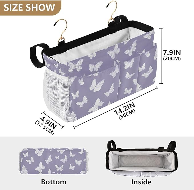 CuwrYet Bedside Caddy Hanging Bunk Bed Caddy Bed Organizer Hanging Pocket with 2 Hooks Bedside Storage Organizer Pocket Bag Holder White Butterfly Purple