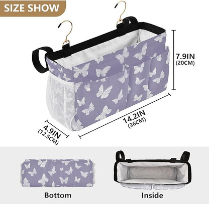 CuwrYet Bedside Caddy Hanging Bunk Bed Caddy Bed Organizer Hanging Pocket with 2 Hooks Bedside Storage Organizer Pocket Bag Holder White Butterfly Purple