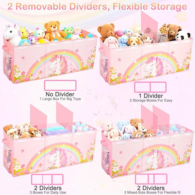 Unicorn Castle Toy Box with Adjustable Divider Toy Chest Storage Large Toy Storage Organizer Bin Collapsible with Lid Pockets for Nursery Playroom,Pink Unicorn