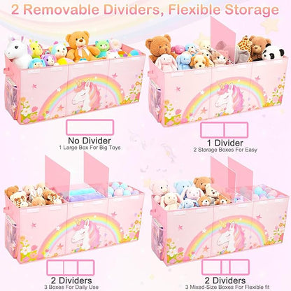 Unicorn Castle Toy Box with Adjustable Divider Toy Chest Storage Large Toy Storage Organizer Bin Collapsible with Lid Pockets for Nursery Playroom,Pink Unicorn