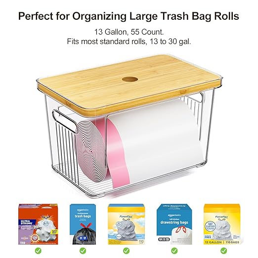 2 Pack Trash Bag Holder with Bamboo Lid, Stackable Acrylic Trash Bag Dispenser Roll Holder Under Sink, Plastic Container Garbage Bags Storage Organizer for Kitchen, Pantry, Laundry Room Organization