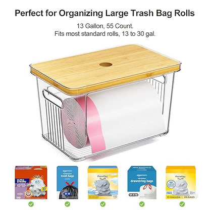 2 Pack Trash Bag Holder with Bamboo Lid, Stackable Acrylic Trash Bag Dispenser Roll Holder Under Sink, Plastic Container Garbage Bags Storage Organizer for Kitchen, Pantry, Laundry Room Organization