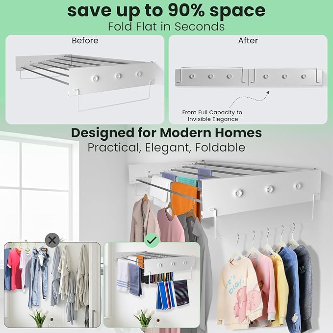 Laundry drying rack wall mount(28-INCH White), a wall mount clothes drying rack solution with reinforced metal frame, easy installation in tight spaces and foldable; drying rack clothing wall mounted.