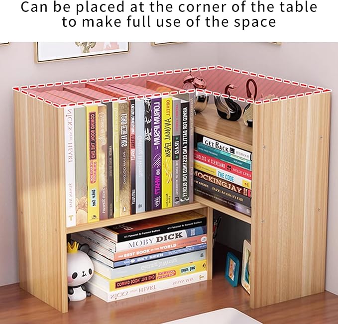 Desktop Shelf Organizer, Adjustable Wood Office Storage Rack, Counter Display Small Bookshelf for Home/Office/School(Light Walnut)