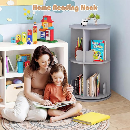 Costzon Kids Rotating Bookshelf, 2 Tier Small Book Shelf with Bookends, 360° Display Spinning Bookshelf Tower, Corner Bookshelf for Small Space, Kids Room, Bedroom, Nursery (Grey)