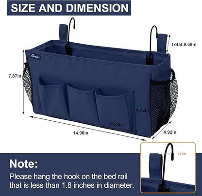 Surblue Bedside Organizer with Hook Bedside Caddy Hanging Storage Bag with Adjustable Straps and Water Bottle Holder for Home College Dorm Bunk Bed Accessories, Crib Bed Rails, Hospital Bed，Navy