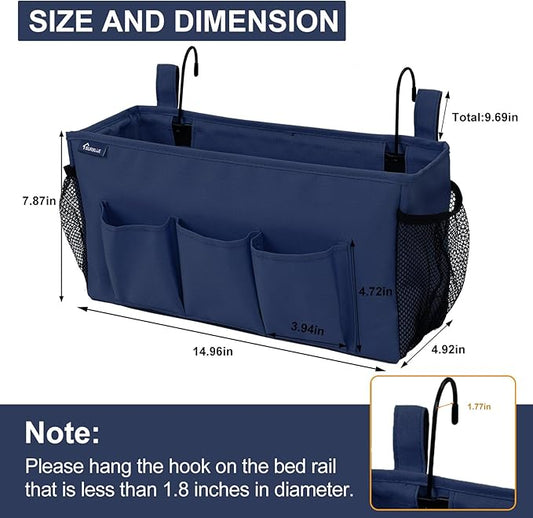 Surblue Bedside Organizer with Hook Bedside Caddy Hanging Storage Bag with Adjustable Straps and Water Bottle Holder for Home College Dorm Bunk Bed Accessories, Crib Bed Rails, Hospital Bed，Navy