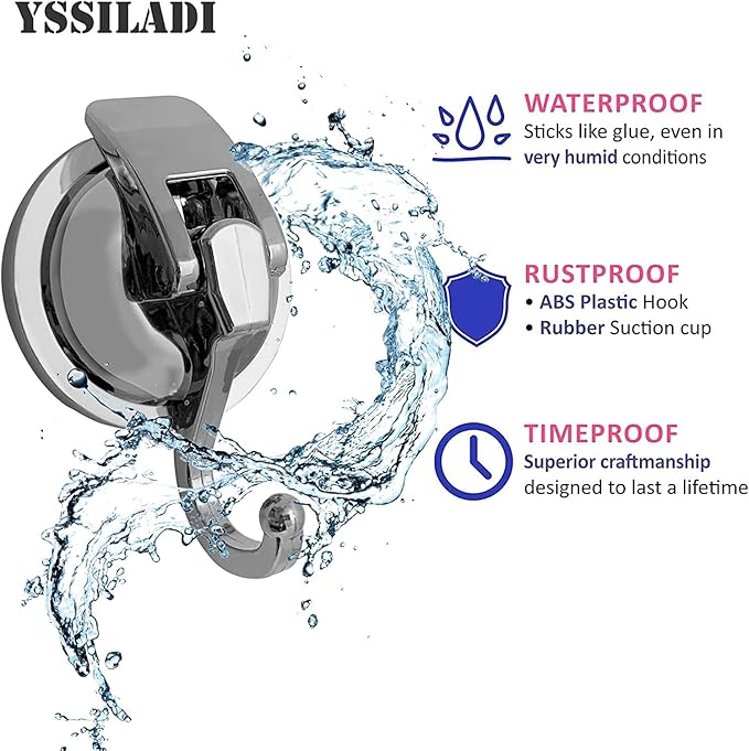 YSSILADI Heavy Duty Vacuum Suction Shower Hooks - Glass Suction Cup Hooks, Bathroom Robe Hooks, Reusable, No Hole Punched, for Garland Decoration (Silver Grey, 4 Pack)