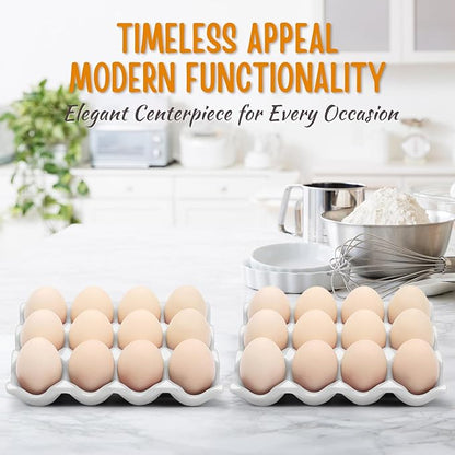 Flexzion 12 Cups Ceramic Egg Holder for Fridge - Dozen Ceramic Egg Tray Porcelain Container Storage Organizer Decorative Serving Stand Serveware for Refrigerator Countertop Display (White, 2 Pack)