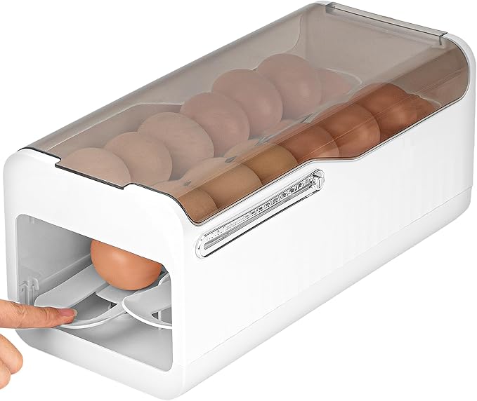 Jankings Press-Roll Egg Tray – Clear Stackable PP Egg Organizer with Auto Rolling Dispenser for Fridge & Kitchen, Portable, Shock-Proof Egg Storage