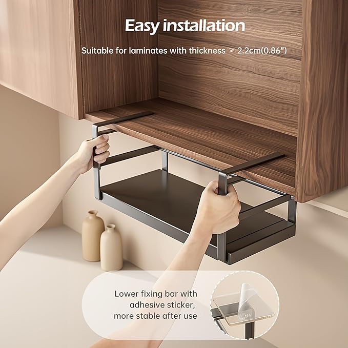 Hanging Under Shelf Storage Basket, Adjustable Width Under Cabinet Add-on Storage Racks, Heavy Duty Slide-in Baskets Organizer for Cabinet Pantry Kitchen, 1 Pack,8.46"D x 10.6"W x 7.36"H