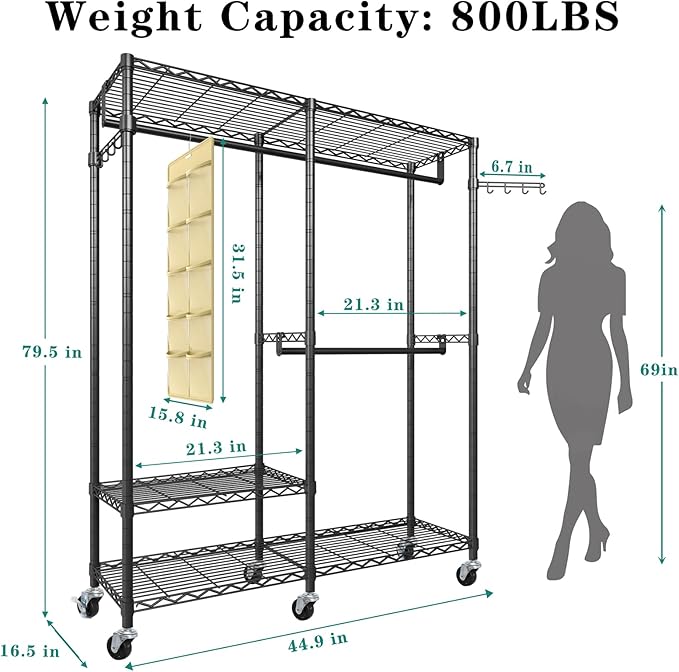 Heavy Duty Garment Rack, 3 Tiers Metal Adjustable Wire Shelves Closet Organizer and Storage Wardrobe Clothing Rack for Hanging Clothes with 2 Hanger Rods, Max Load 800LBS, Black