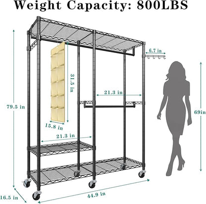 Heavy Duty Garment Rack, 3 Tiers Metal Adjustable Wire Shelves Closet Organizer and Storage Wardrobe Clothing Rack for Hanging Clothes with 2 Hanger Rods, Max Load 800LBS, Black