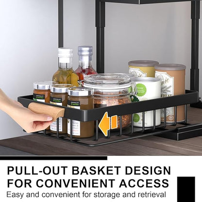 2-Tier Sliding Under Sink Organizer, L-shape Pull Out Cabinet Organizers, Multi-purpose Sink Storage Shelves, Metal Mesh Drawer Organizer for Bathroom Kitchen (Black, Pull-Down Style)
