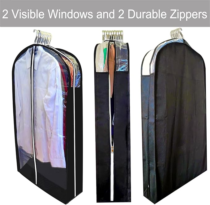 Garment Bags for Hanging Clothes with 6.3" Gusset, 40" Suit Bags for Closet Storage, Clear Dust Proof Suits Covers and Side Zipper Protector for Jacket, Coat, Sweater, Shirts, 3 Packs