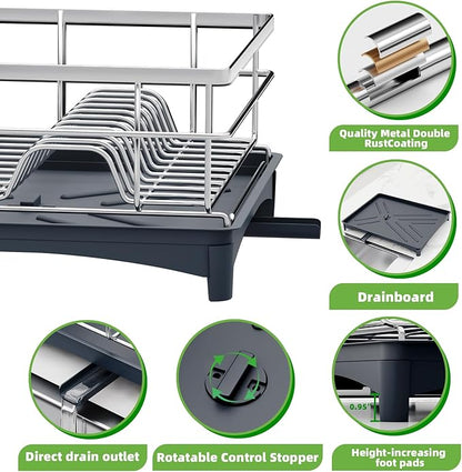 TITIMIO Dish Drying Rack - Space-Saving Dish Rack for Kitchen Counter with Removeable Cutlery Holder,Rustproof & Sturdy Auto-Drain Organizer for Plates,Cups,Knife,Silvery
