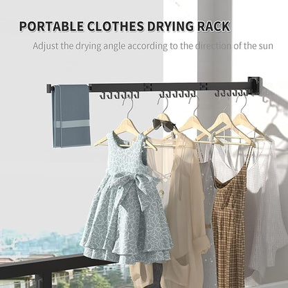 ptlsy Wall Mounted Portable Folding Clothes Drying Rack with Hooks,Space Saver Clothes Hangers Design Universal for Balcony, Mudroom, Bedroom, Kitchen, Foldable Laundry Rack (3-Pole Black)