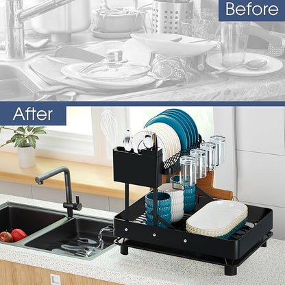 YEYPOP Dish Drying Rack for Kitchen Counter, Stainless Steel 2 Tier Dish Rack w Drainboard, Foldable 360° Rotatable & Expandable Drainer, Space-Saving Dish Strainers for Kitchenware