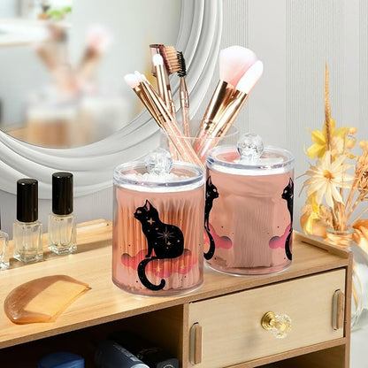 MNSRUU 2 Pack Qtip Holder Organizer Dispenser Black Cat Pink Bathroom Storage Canister Cotton Ball Holder Bathroom Containers for Cotton Swabs/Pads/Floss