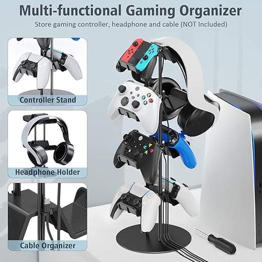 Kytok Controller Stand 4 Tiers with Cable Organizer for Desk, Universal Headphone Stand Compatible with Xbox PS5 PS4 Console Nintendo Switch, Headset Holder & Desk Mounts for 8 Packs Controller