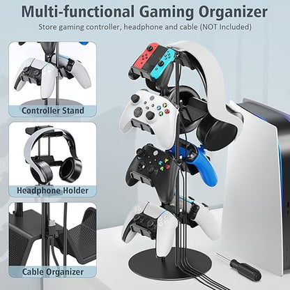 Kytok Controller Stand 4 Tiers with Cable Organizer for Desk, Universal Headphone Stand Compatible with Xbox PS5 PS4 Console Nintendo Switch, Headset Holder & Desk Mounts for 8 Packs Controller
