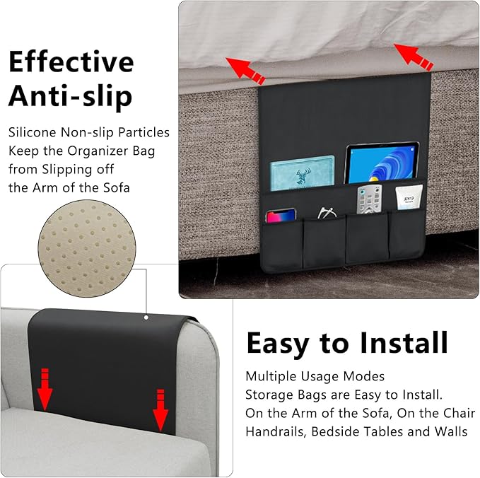 WETRBWEH TV Remote Control Holder Couch Caddy, Non-slip Bedside Caddy Organizer with 5 Pockets for Key Glasses Phone Magazine Holders (Black, 35''x18'')