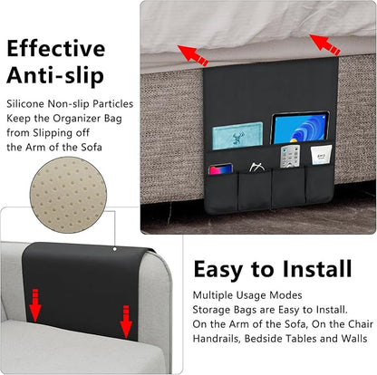 WETRBWEH TV Remote Control Holder Couch Caddy, Non-slip Bedside Caddy Organizer with 5 Pockets for Key Glasses Phone Magazine Holders (Black, 35''x18'')