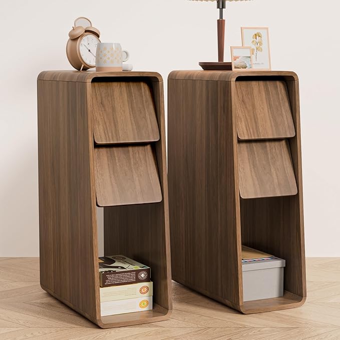 Narrow Nightstand Set of 2, Small Bedside Table, Slim Wood Bed Side Table, Mid Century Modern Night Stand with Slanted 2 Drawers, Walnut Nightstand for Bedroom, Skinny, Vintage
