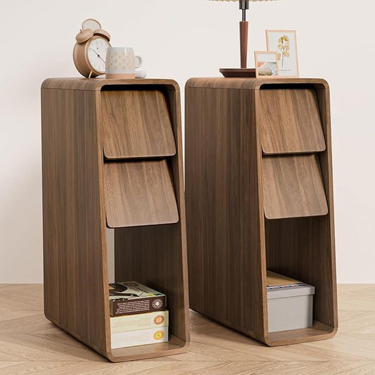 Narrow Nightstand Set of 2, Small Bedside Table, Slim Wood Bed Side Table, Mid Century Modern Night Stand with Slanted 2 Drawers, Walnut Nightstand for Bedroom, Skinny, Vintage
