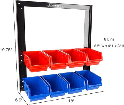 8 Bin Storage Rack Organizer- Wall Mountable Garage Shelving with Removeable Bins for Tools, Hardware, Crafts, Office Supplies and More by Stalwart
