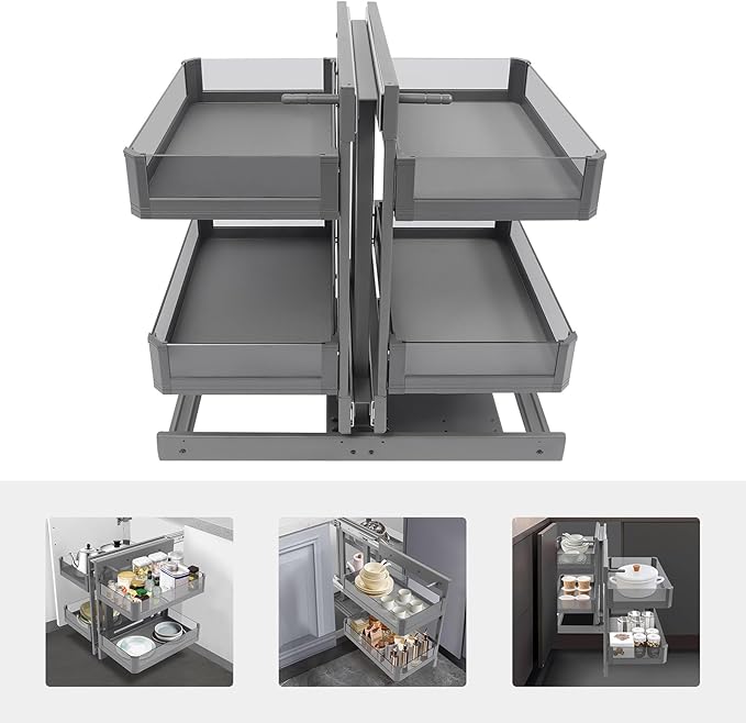 QIANMOON Kitchen Corner Cabinet Pull Out, Magic Corner Pull Out Open, 2 Tiers Swing Tray, Blind Corner Soft Close, for Place Pots and Pans, Containers, Spice Jars