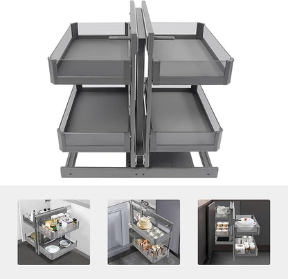 QIANMOON Kitchen Corner Cabinet Pull Out, Magic Corner Pull Out Open, 2 Tiers Swing Tray, Blind Corner Soft Close, for Place Pots and Pans, Containers, Spice Jars